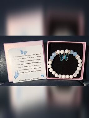 Butterfly Charm White and Light Blue Beaded Bracelet - Inspirational Gift